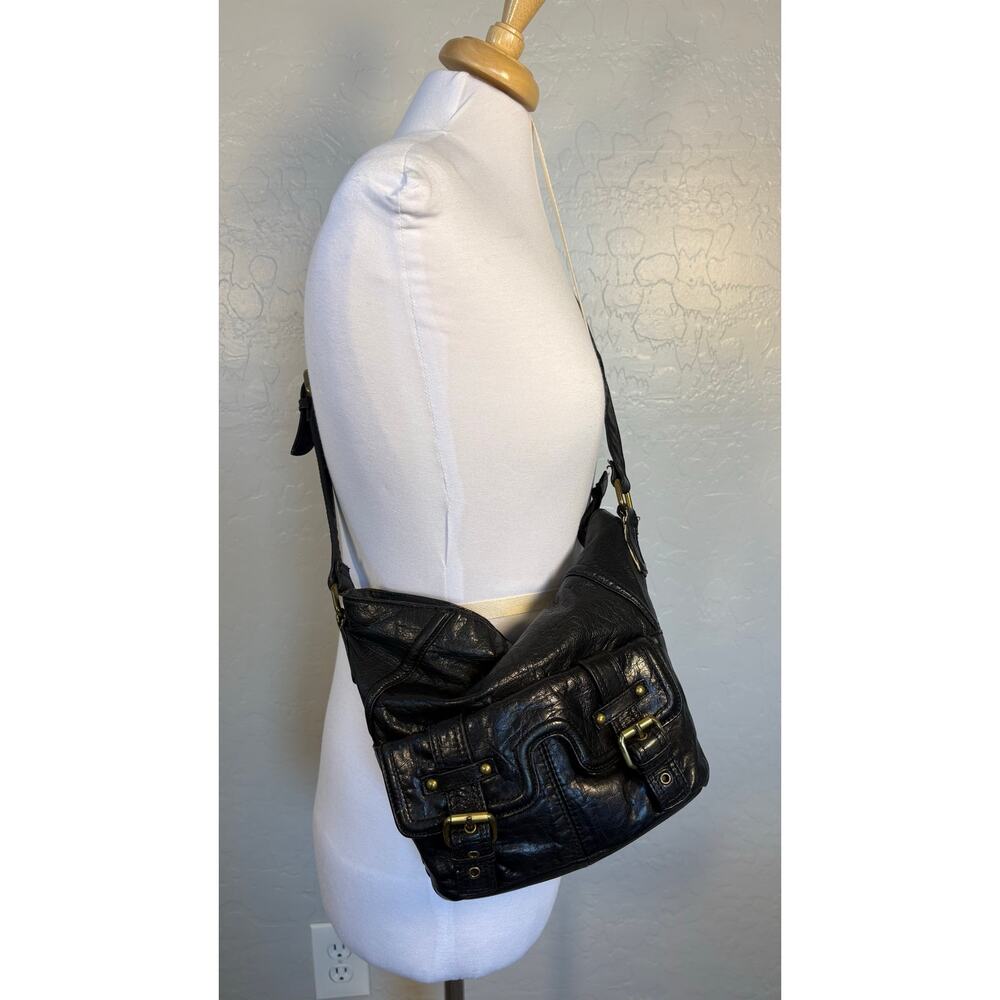Stone Mountain Black Leather Slouch Hobo Crossbody Boho Moto Bag - Picture 4 of 16